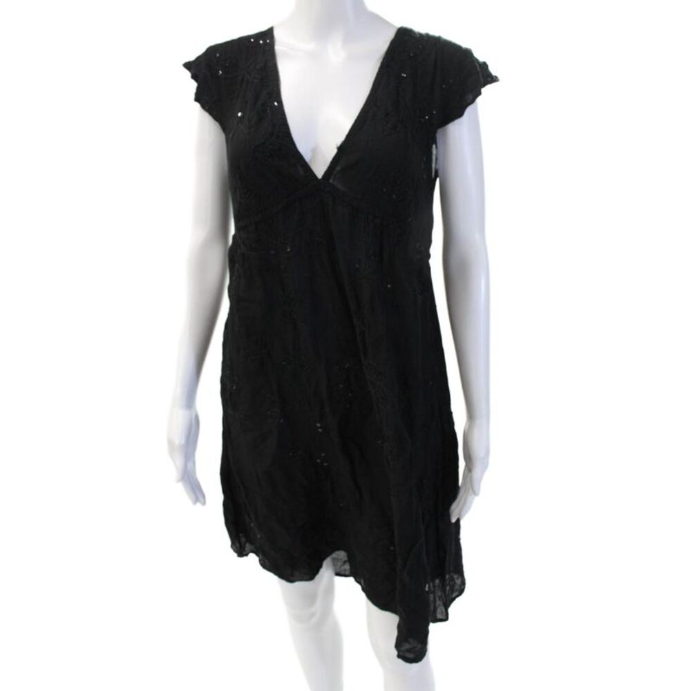 Cool Change Womens Bohemian Shift Dress Black V-Neck Short Sleeve Size L